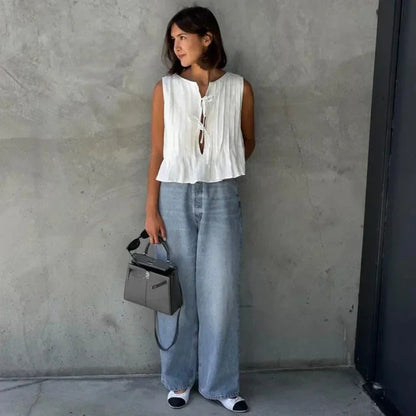 Y2K Korean White Linen Cotton Pleated Lace Up Sleeveless Short Shirt Crop Top Blouse Pleated Shirts Clothes