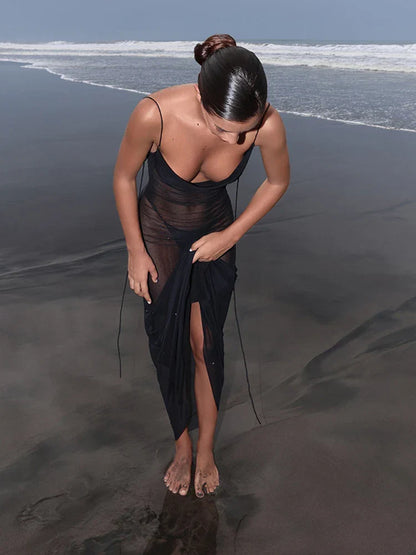 Sheer Mesh Swing Neck Midi Dress