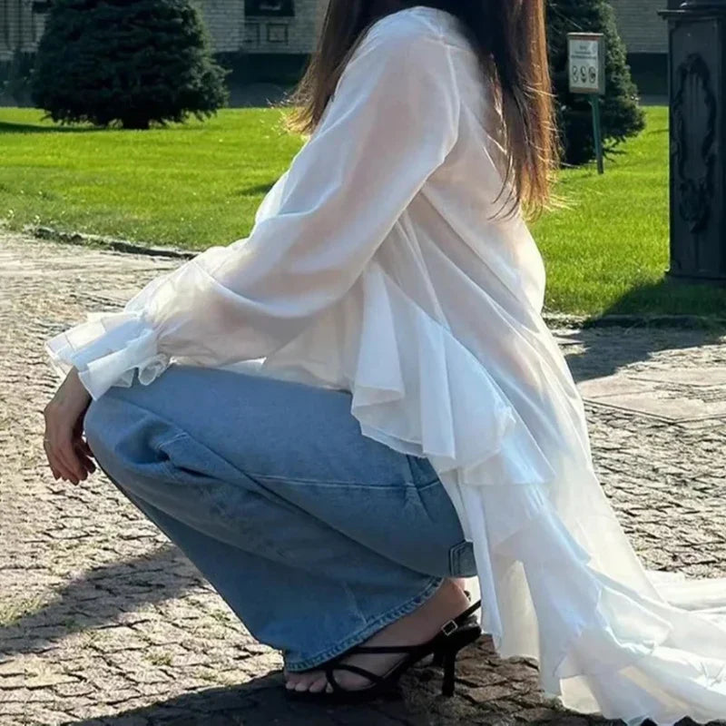 Ruffles V-neck Long Sleeve Casual Blouse