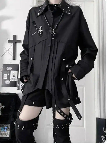 Gothic Metal Accent Tie Blouse