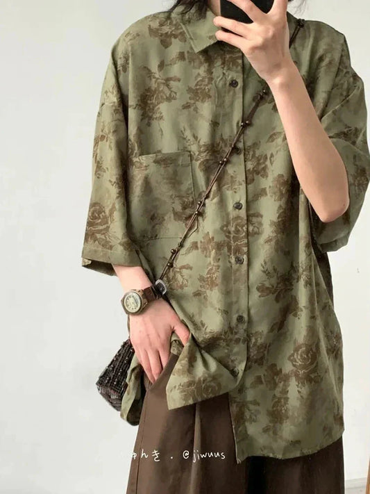 Harajuku Y2K Shirt Loose Vintage Print Streeetwear Blouse Oversize Half Sleeve FeCasual Retro Japan Bf Tops New