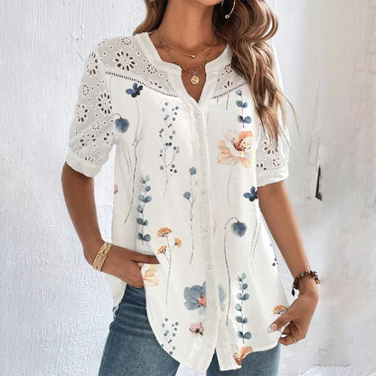 Women's Chic Eyelet V-neck Short Sleeve Blouse with Floral Print | Ideal for Spring/Summer