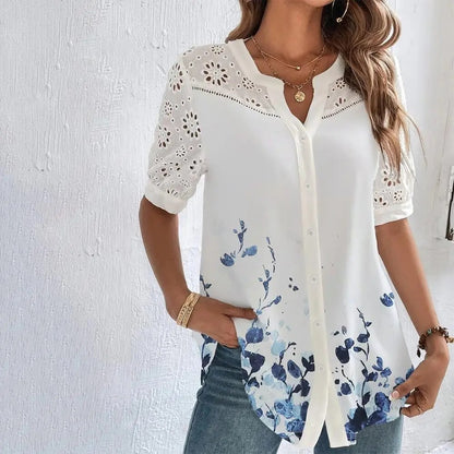 Women's Chic Eyelet V-neck Short Sleeve Blouse with Floral Print | Ideal for Spring/Summer