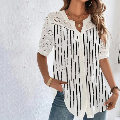 Women's Chic Eyelet V-neck Short Sleeve Blouse with Floral Print | Ideal for Spring/Summer