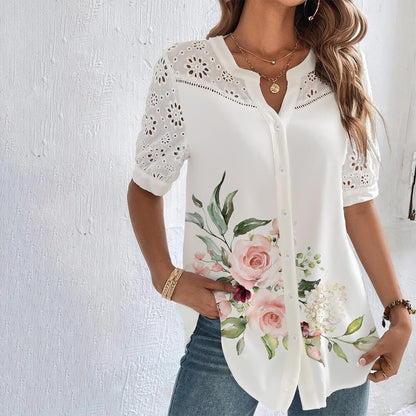 Women's Chic Eyelet V-neck Short Sleeve Blouse with Floral Print | Ideal for Spring/Summer