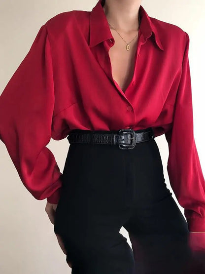 Women's Elegant Solid Color Long Sleeve Button Up Blouse | Ideal for Spring/Summer