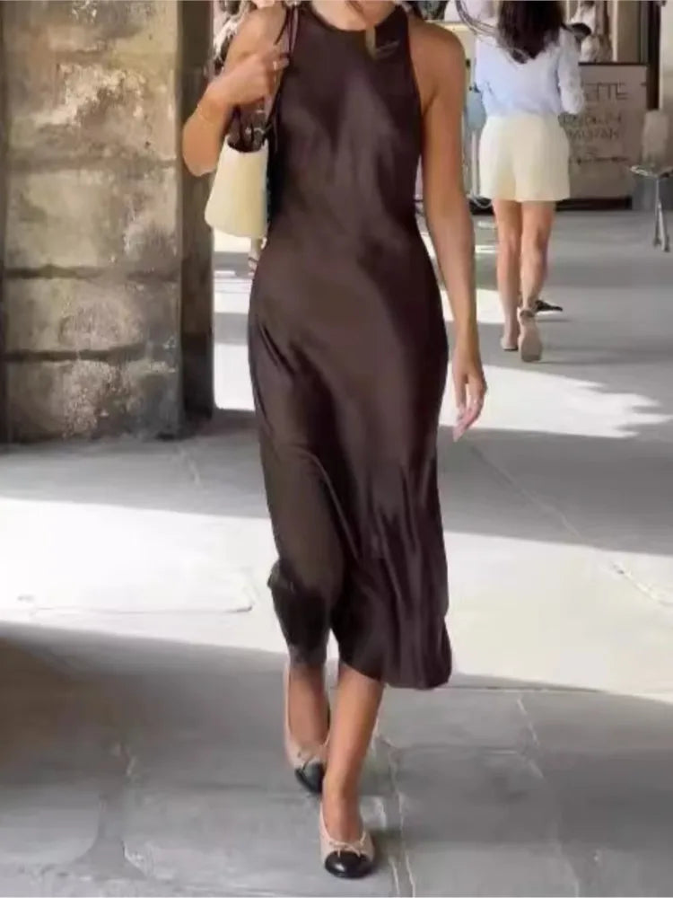 Women’s Elegant Satin Sleeveless Midi Dress Fashion Solid Color O Neck Slim Fit Dresses Female Stylish Street Party Vestido 2025