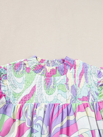 Abstract Green Bubble Sleeve Smocked Blouse with Unique Print