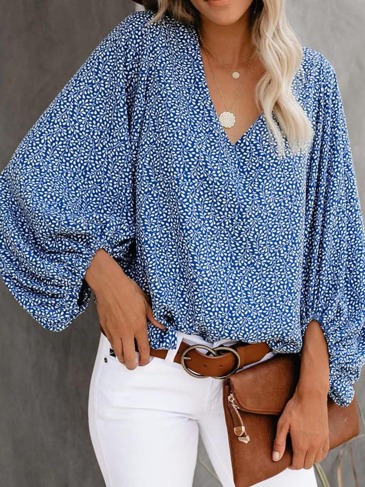 All Over Print Surplice Neck Lantern Sleeve Blouse for Women