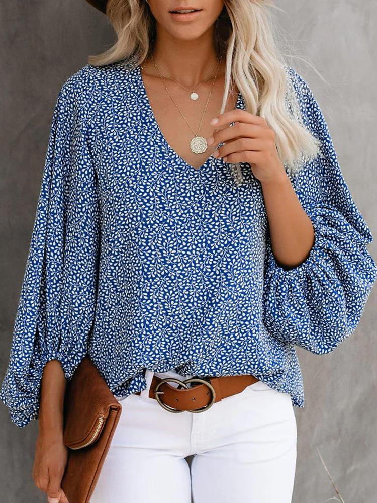 All Over Print Surplice Neck Lantern Sleeve Blouse for Women