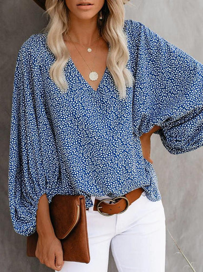 All Over Print Surplice Neck Lantern Sleeve Blouse for Women