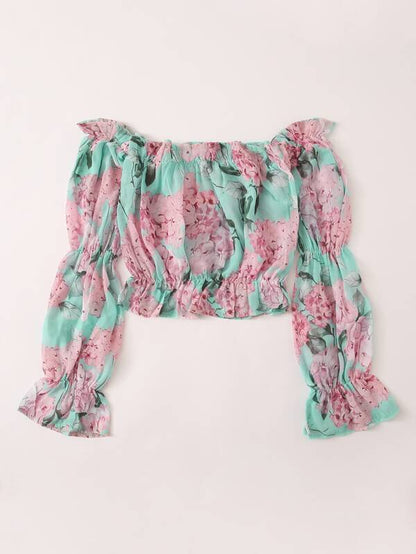 Allover Floral Frill Bardot Crop Blouse for Women