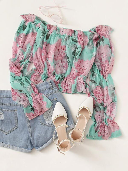 Allover Floral Frill Bardot Crop Blouse for Women