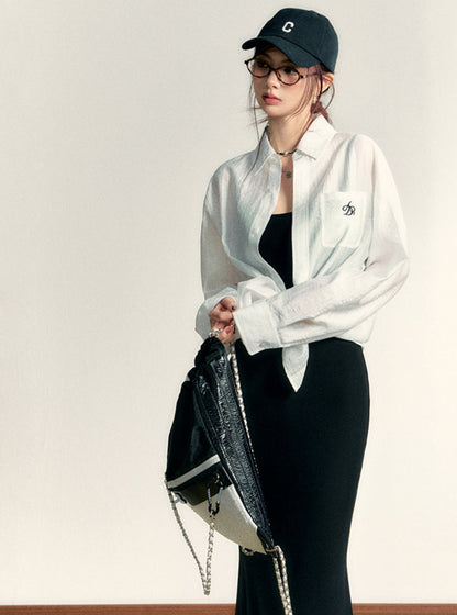 Classic White Long Sleeve Button-Down Shirt: Crisp Cotton Collared Blouse with Embroidered Logo