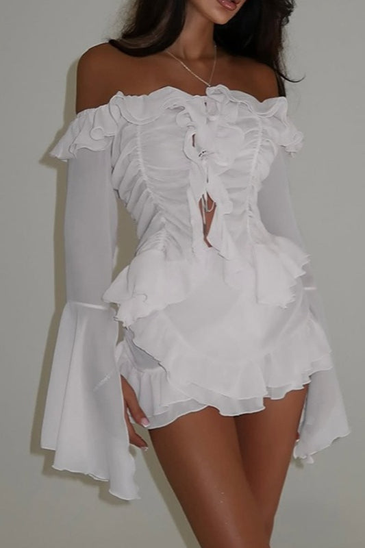 Bishop Sleeve Off Shoulder Blouse Layered Ruffle Skirt Set