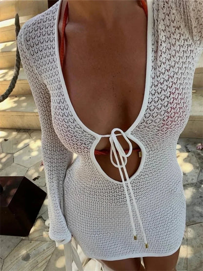 Beach Knitted Lace-Up Mini Dress