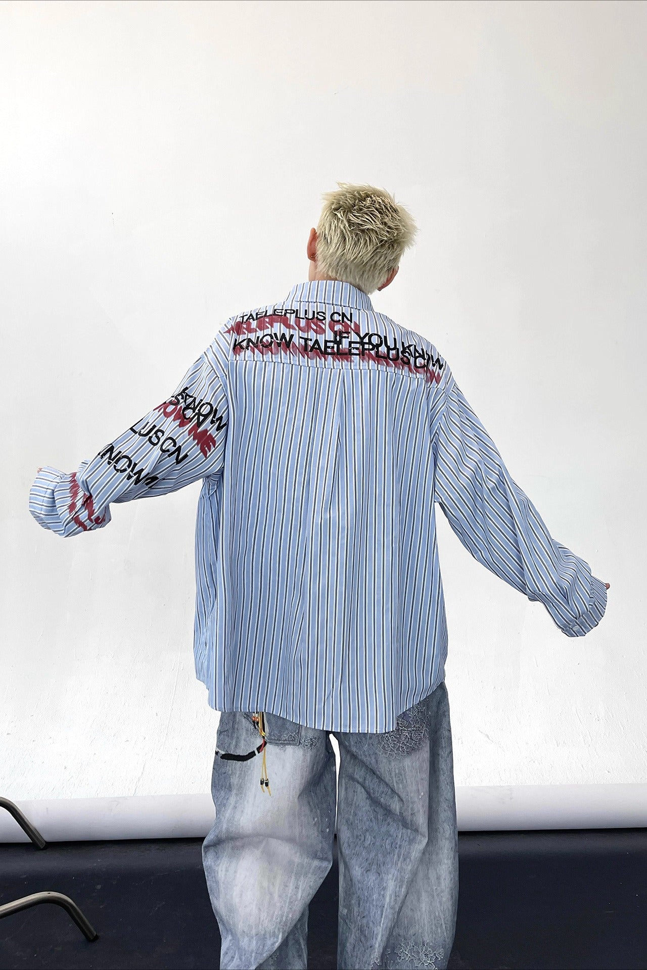 Stripe Punk Slogan Print Relaxed Fit Long Sleeve Blouse