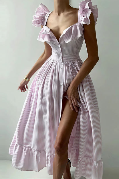 Ruffle Striped Square Collar Midi Dress