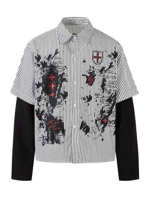 Fake Two-Piece Dark Stripe Long Sleeve Blouse
