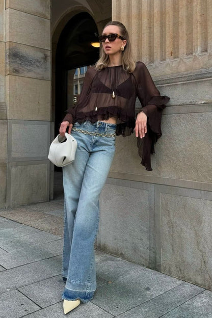 Flared Sleeve Chiffon Ruffle Detail Blouse