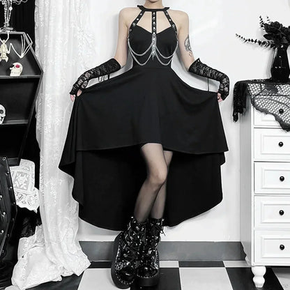 Chains Ornament Halter Swing Midi Dress