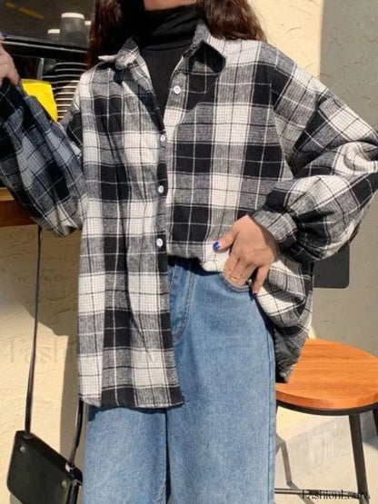 Checkered Print Button Blouse