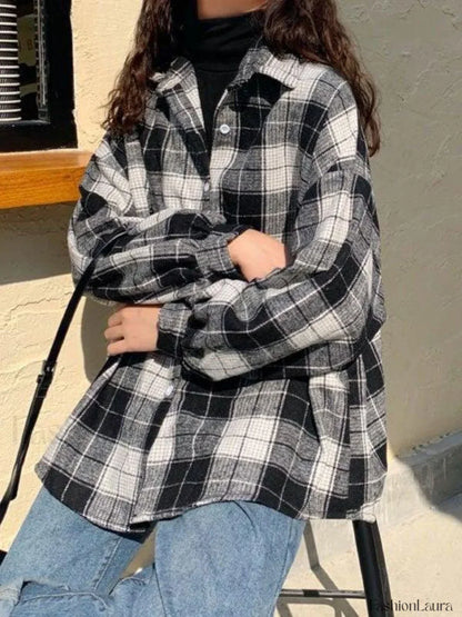 Checkered Print Button Blouse