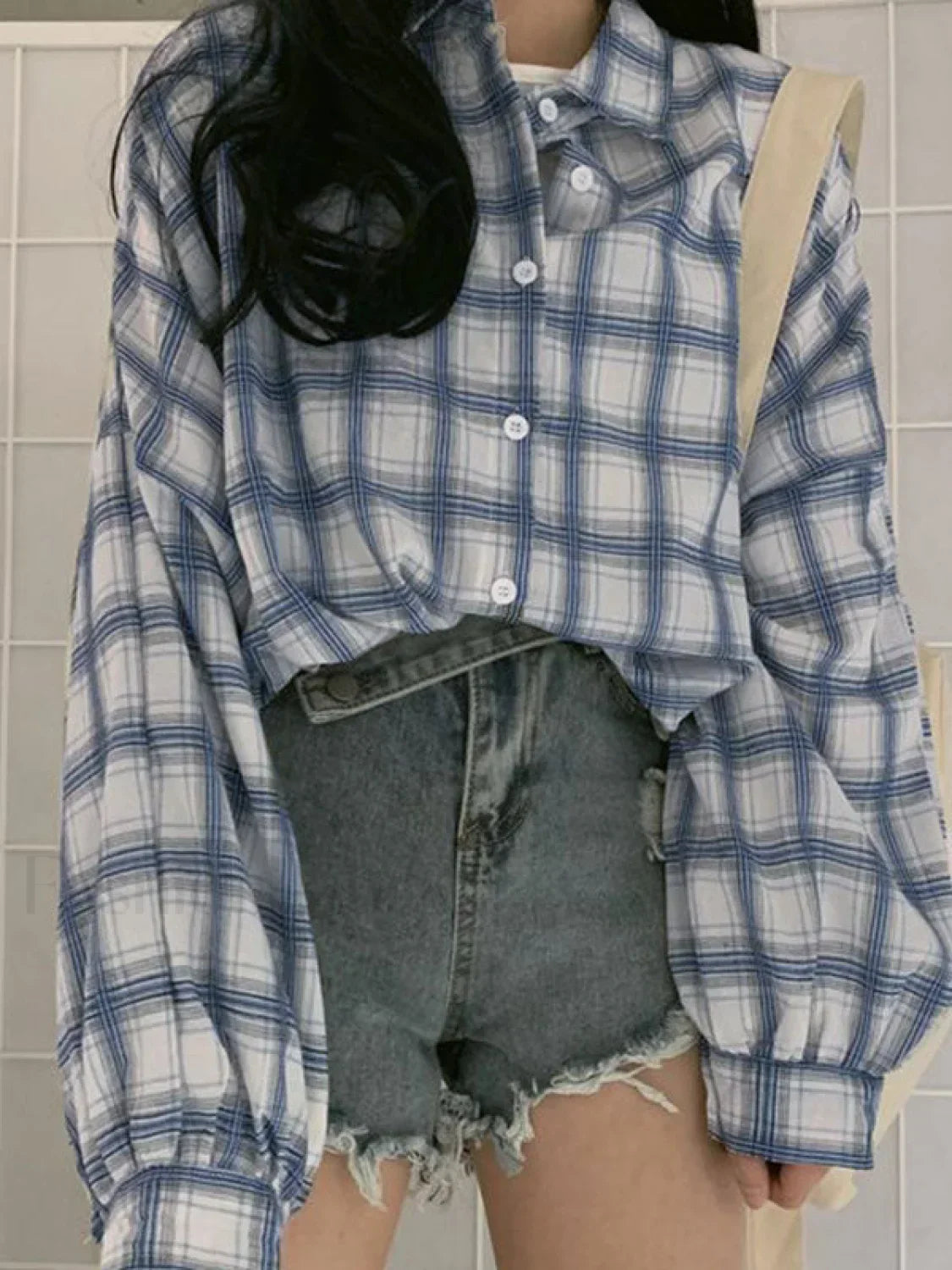 Checkered Puff Sleeve Button Blouse