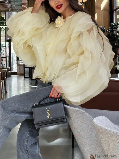 Chiffon Ruffled Graceful Crew Neck Blouse