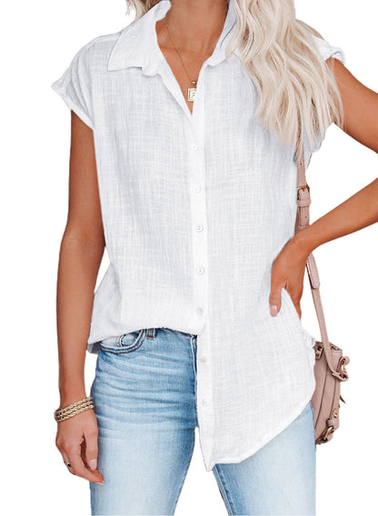 Women Casual Loose Solid Color Single-Breasted Lapel Sleeveless Blouse