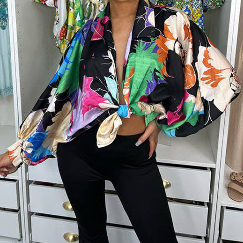 Women'S Sweet Fashion Multicolor Floral Printed Long Sleeve Loose Casual Knot Blouse