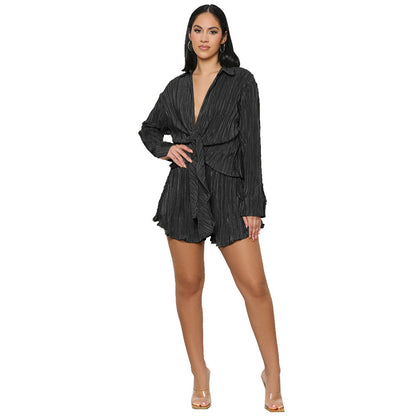 Women Casual Knotted Hemline Long-Sleeved Fashion Pleated Blouse Shorts Two-Piece Vacation Set