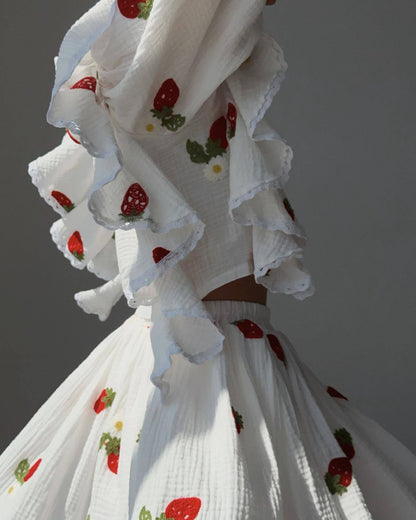 Fashion Casual Sweet Women Strawberry Heart Floral Print Long Sleeve Ruffled Blouse And Skirt Set