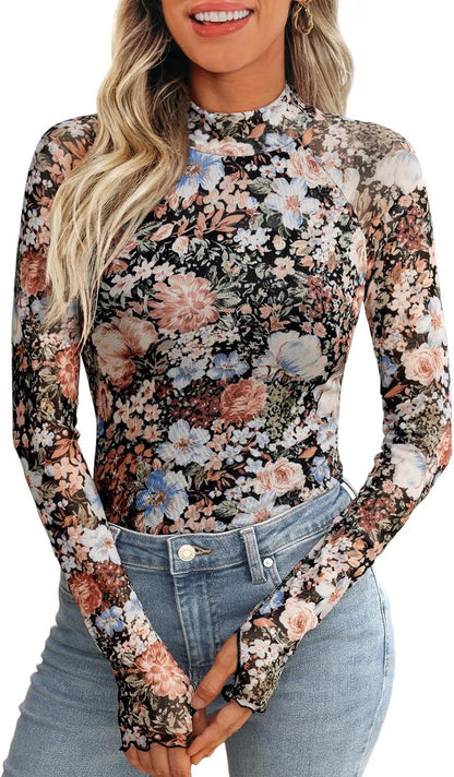 Women Fashion Casual Floral Printed Lace Mesh Long Sleeve Blouse