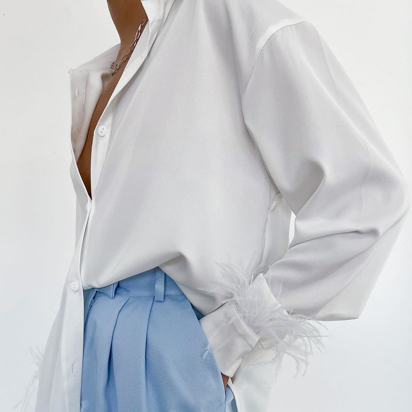 Women Fashion Casual Solid Color Ice Silk Feather Stitching Long Sleeve Lapel Single-Breasted Blouse