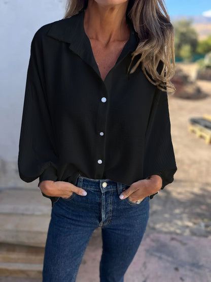 Women Fashion Casual Solid Color Lapel Long Sleeve Single Breasted Blouse