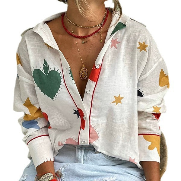 Women Fashion Casual Printed Lapel Long-Sleeve Loose Blouse