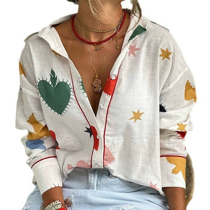Women Fashion Casual Printed Lapel Long-Sleeve Loose Blouse