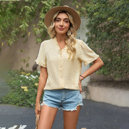 Womensummer Casual V Neck Floral Chiffon Short Sleeve Solid Color Blouse