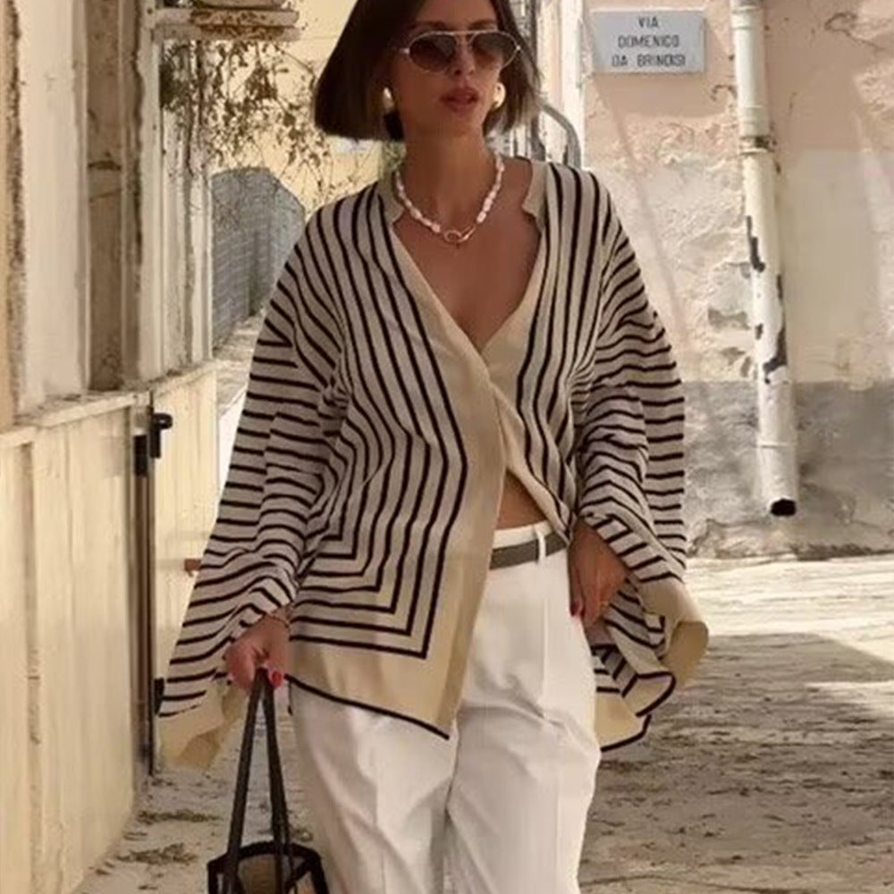 Women Fashion Casual Stripe Color Contrast Round Neck Single-Breasted Long-Sleeve Loose Blouse