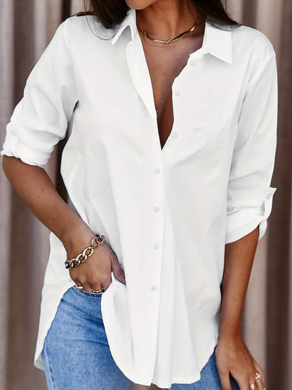 Women Casual Simple Solid Color Lapel Long Sleeve Blouse