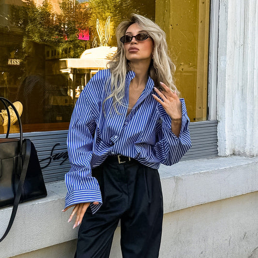 Women Fashion Casual Blue Stripe Single Breasted Long-Sleeve Blouse