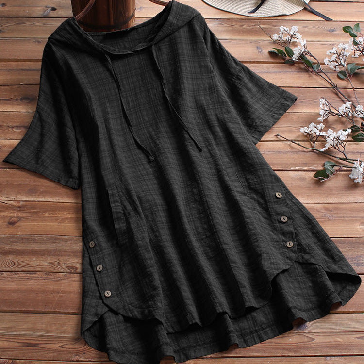 Women Casual Summer Short Sleeves Plus Size Round Neck Loose Hooded Blouse