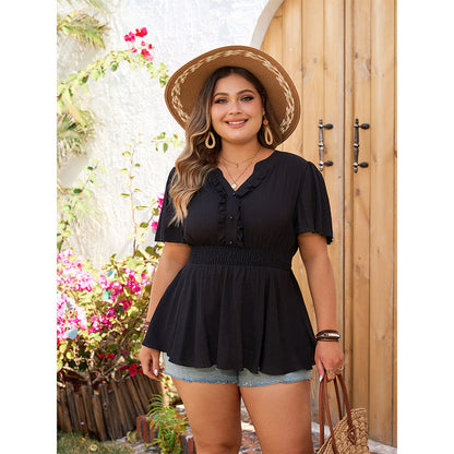 Women Fashion Casual Solid Color Plus Size V-Neck Short-Sleeve Blouse
