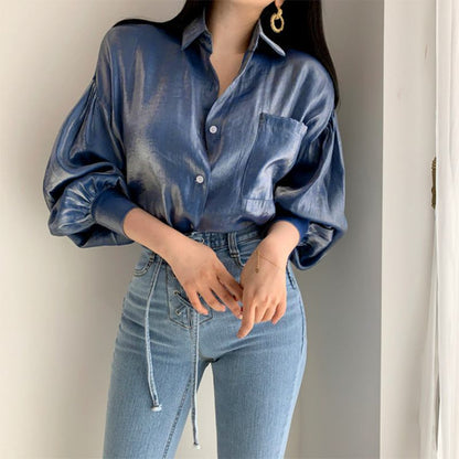 Women Fashion Solid Color Elegant Lapel Casual Long Puff Sleeve Blouse