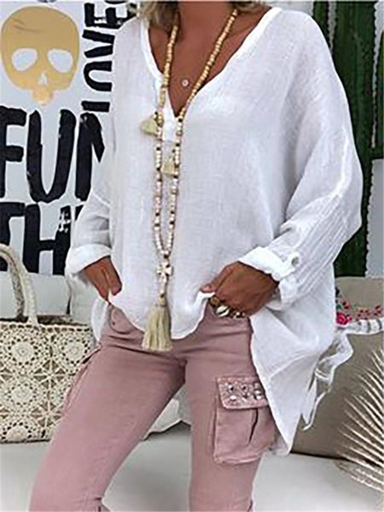 Plus Size Solid Long Sleeve Women Loose Casual V Neck Blouse