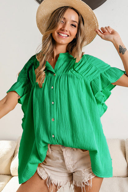 Women Fashion Casual Solid Color Pleated Stand Collar Single Breasted Blouse