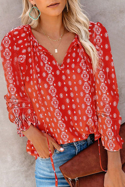 Women Fashion Casual Floral Printed V-Neck Long Sleeve Blouse