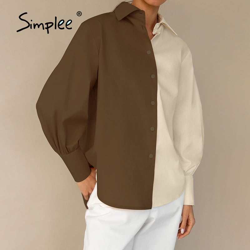 Women Work Casual Color Blocking Single-Breasted Long Puff Sleeves Blouse