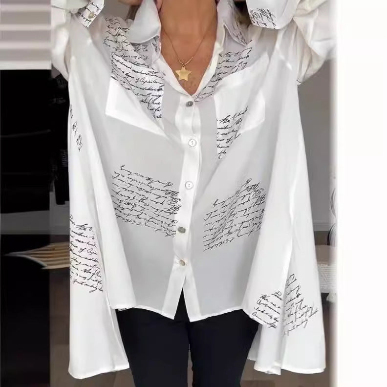Women Fashion Casual Letter Printed Lapel Long-Sleeve Blouse